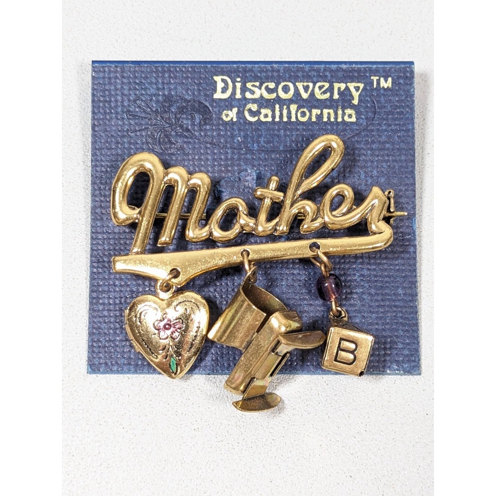 Discovery of California Mother Heart Locket Baby Charm Gold Tone Brooch Pin